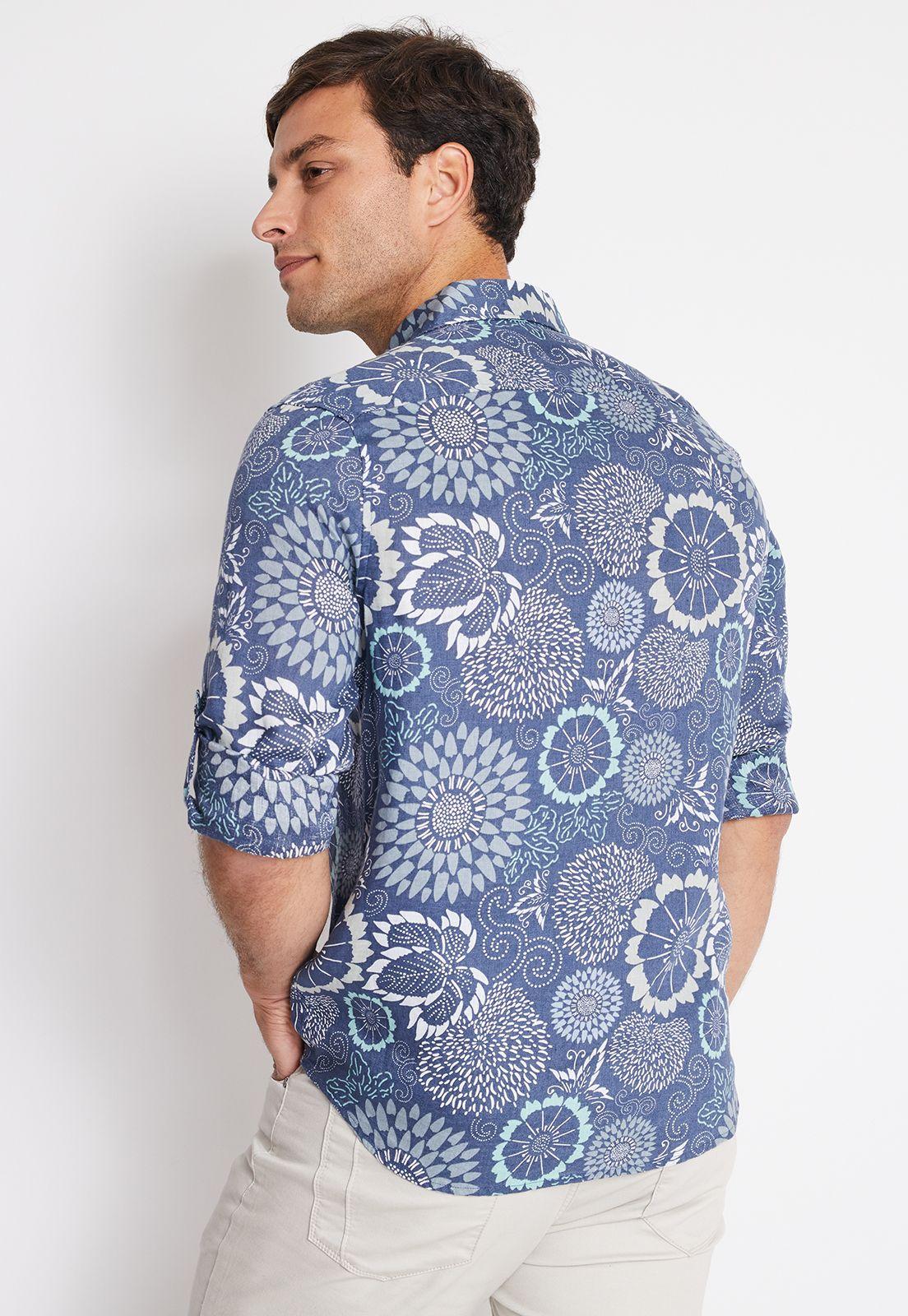 Camisa Hombre Manga Larga Lino Estampada Azul Piedra-1