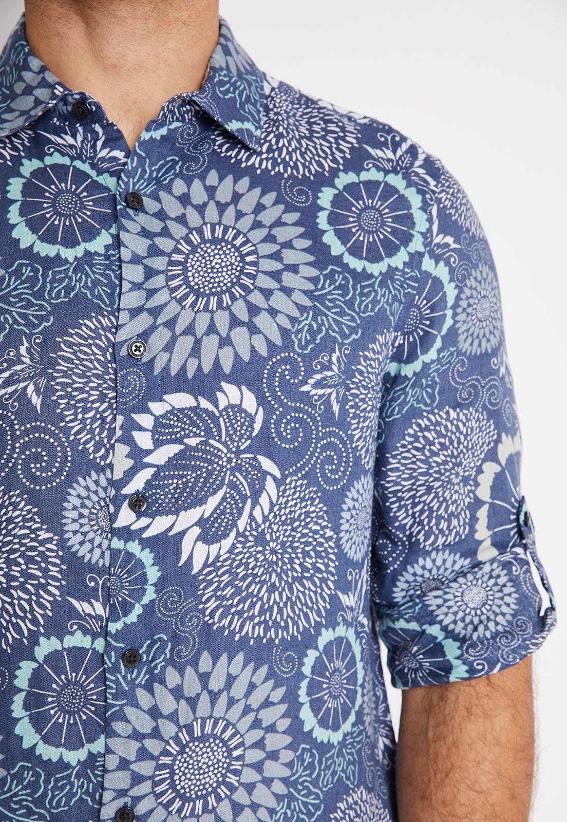 Camisa Hombre Manga Larga Lino Estampada Azul Piedra-2