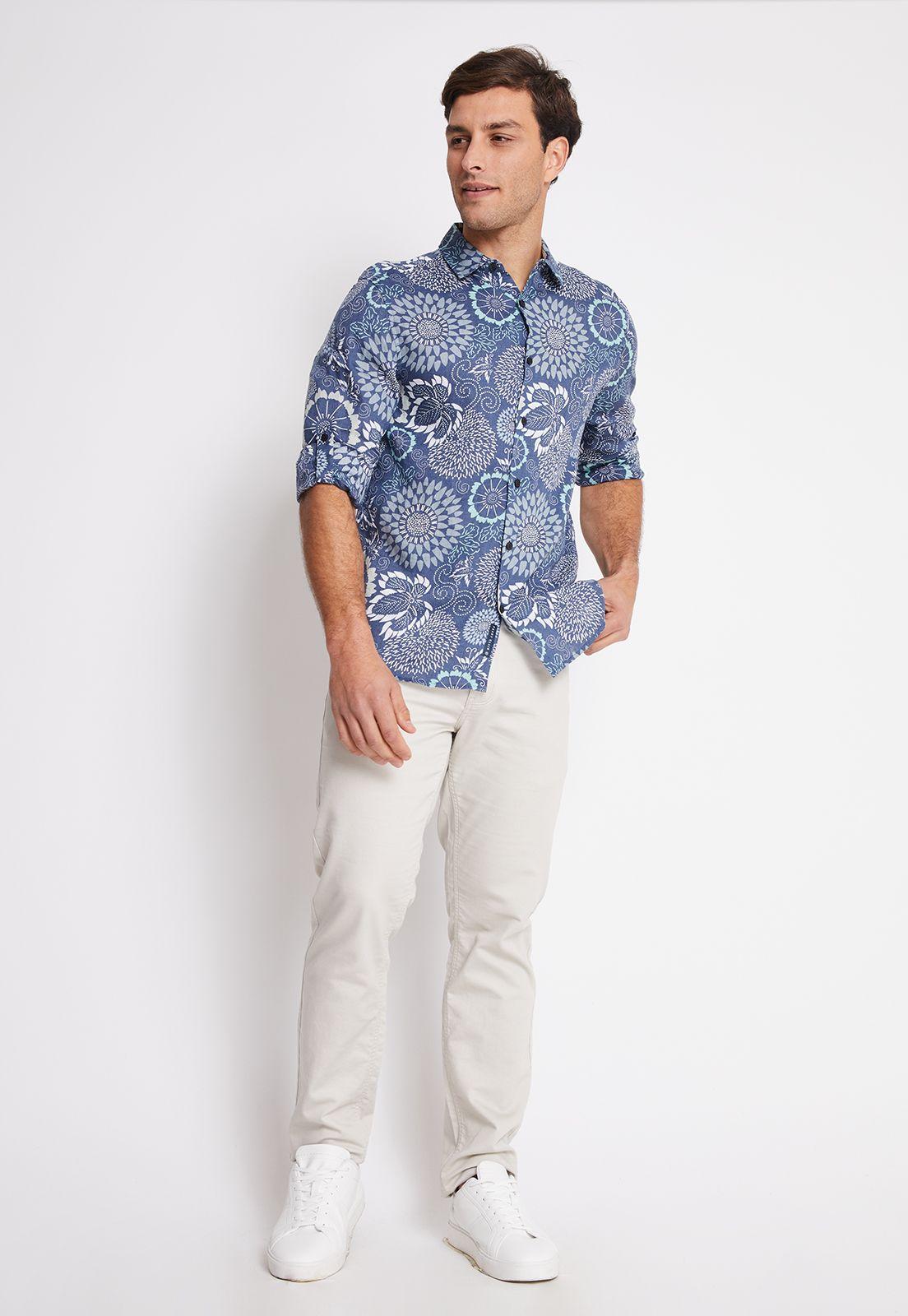Camisa Hombre Manga Larga Lino Estampada Azul Piedra-3