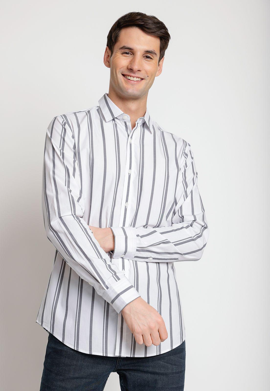 Camisa Hombre Manga Larga Listada Gris Oscuro-0