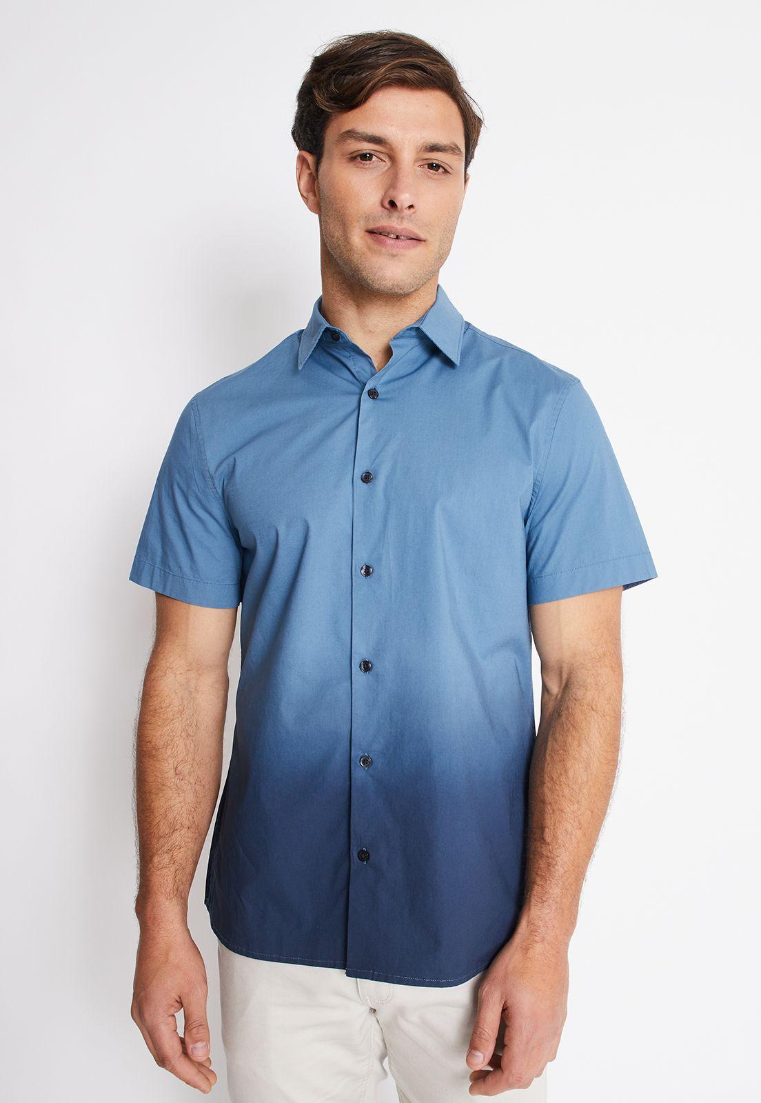 Camisa Hombre Manga Corta Stretch Lisa Azul Medio-0