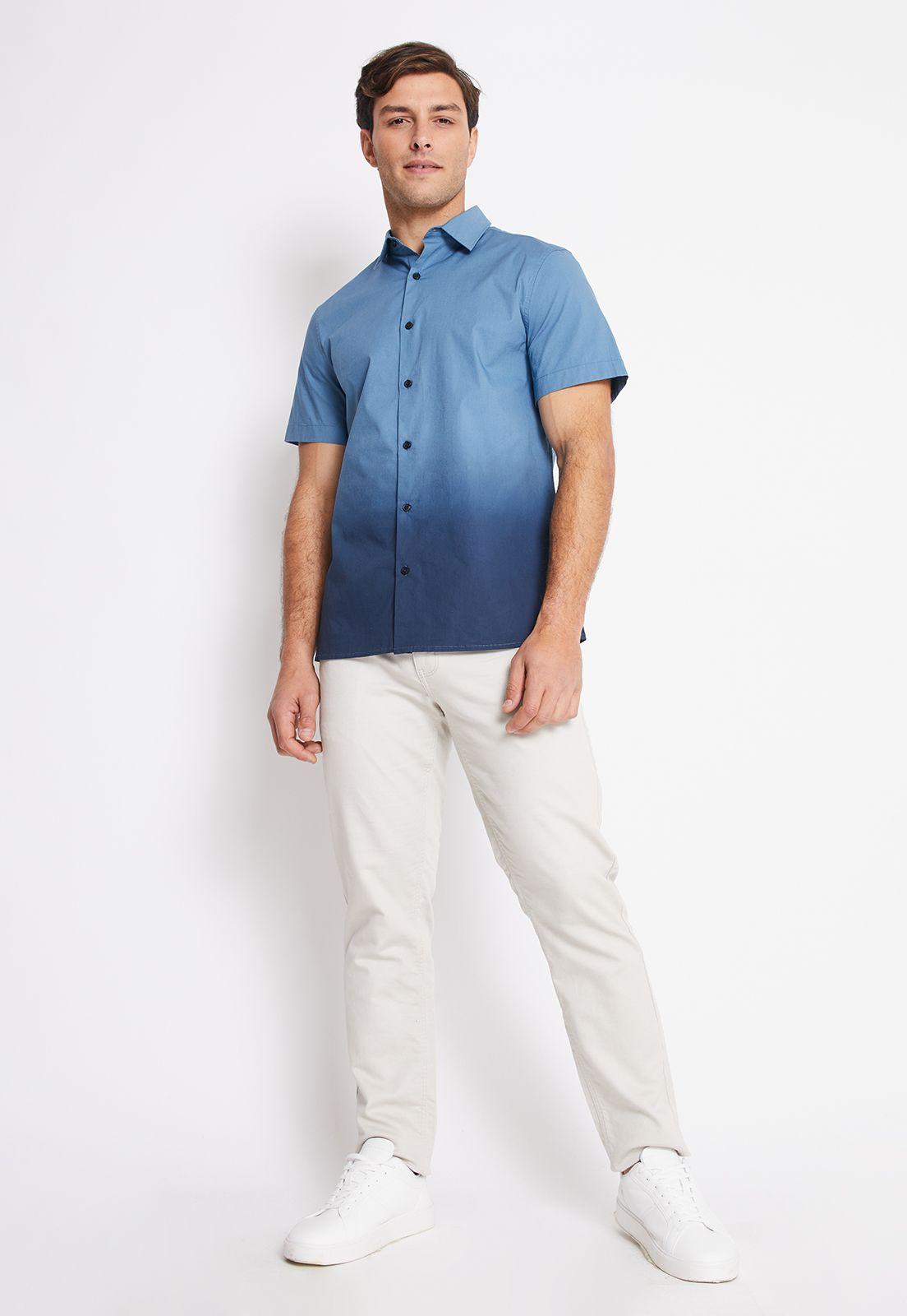 Camisa Hombre Manga Corta Stretch Lisa Azul Medio-3