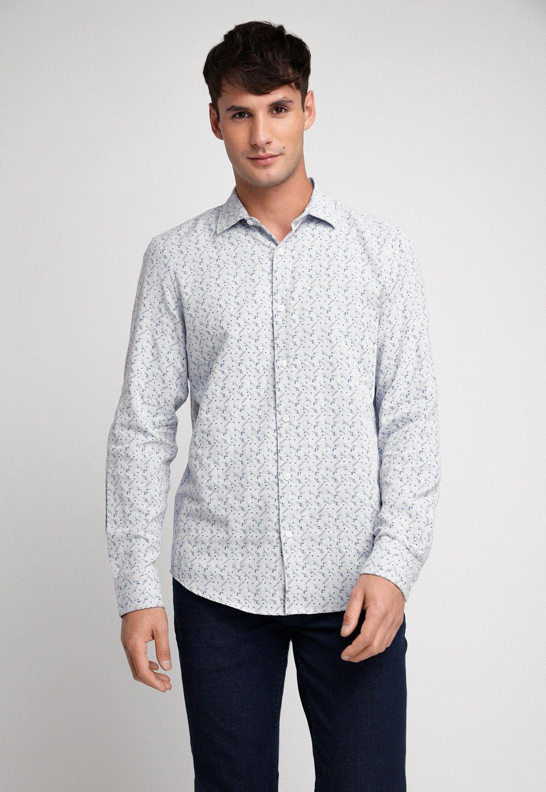 Camisa Hombre Manga Larga Algodón Estampada Blanco-0