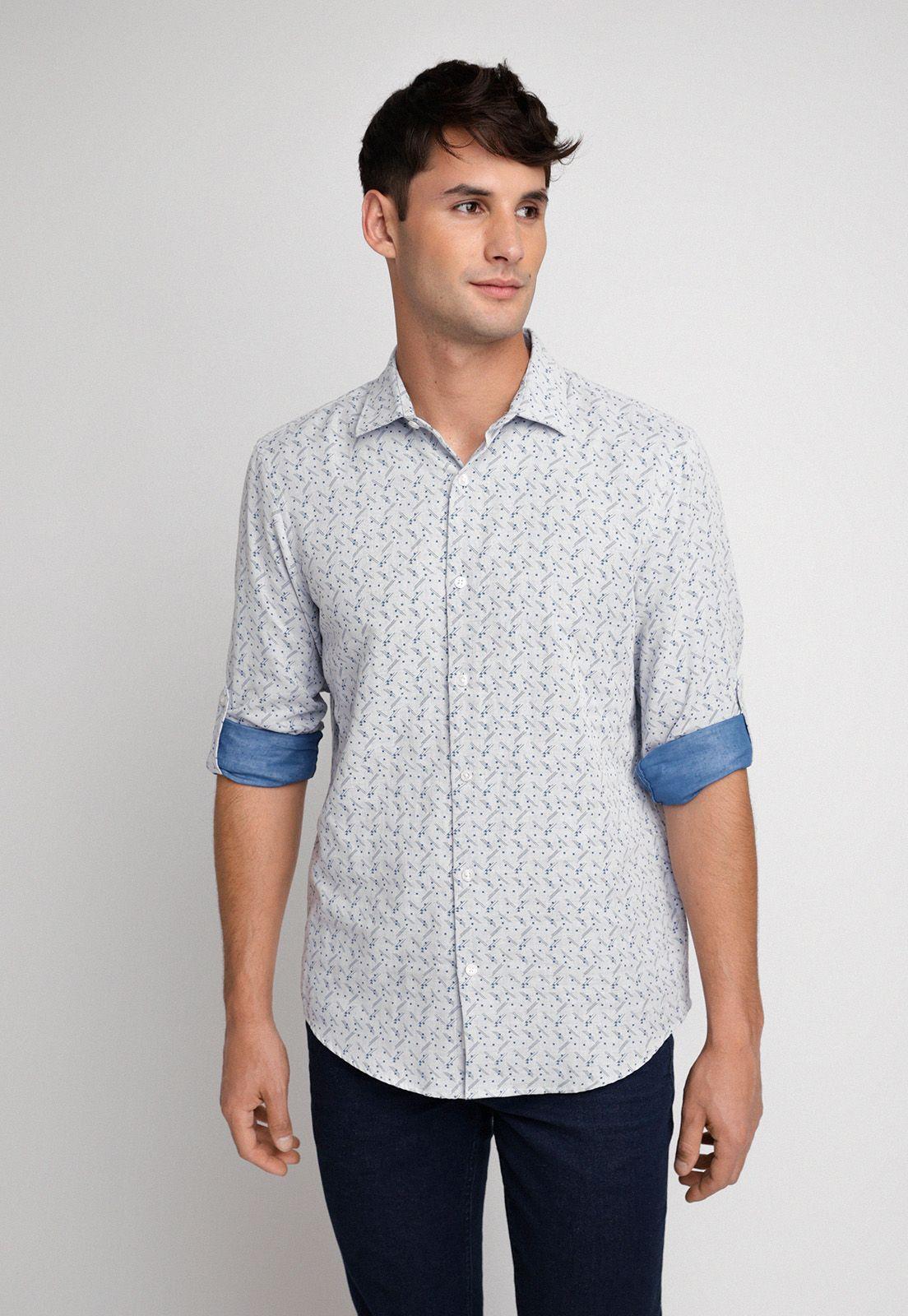 Camisa Hombre Manga Larga Algodón Estampada Blanco-2