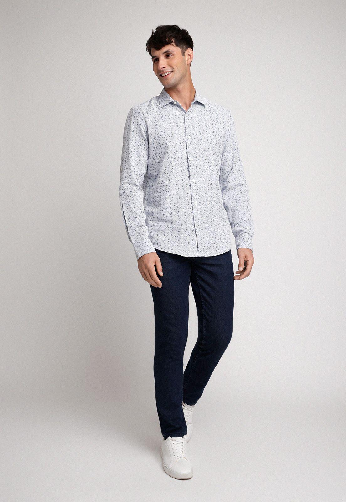 Camisa Hombre Manga Larga Algodón Estampada Blanco-4