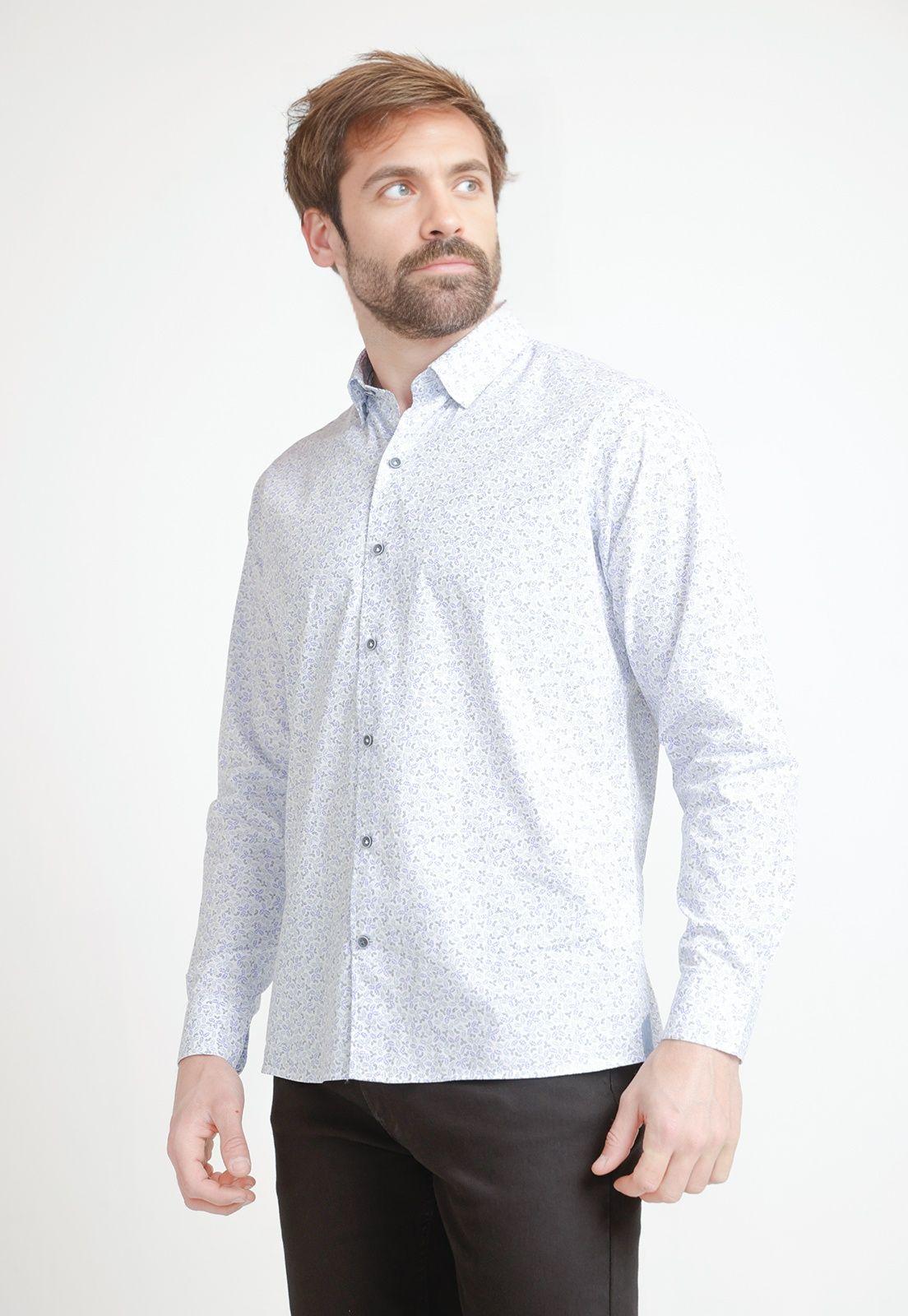 Camisa Hombre Algodón Estampada Slim Baymax Blanco/Celeste-0