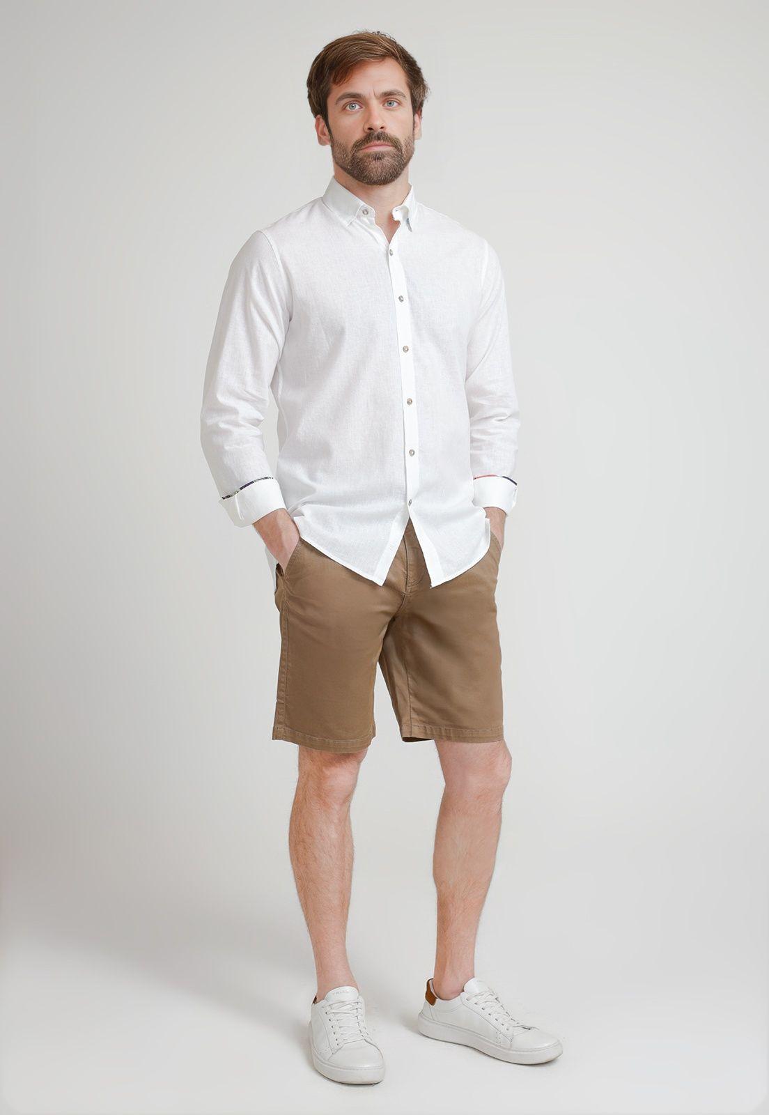 Camisa Hombre Mezcla Lino Algodón Liso Slim Braulio Blanco-3