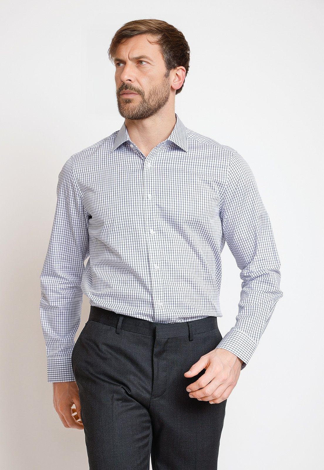 Camisa Formal Hombre Algodón Cuadros Regular Classic Blanco/Azul-0