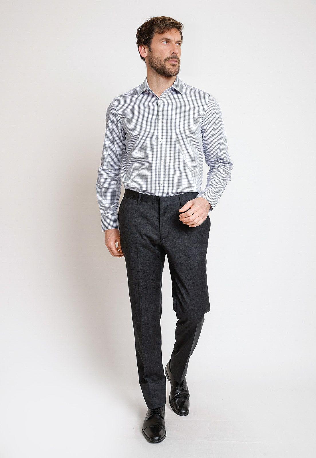Camisa Formal Hombre Algodón Cuadros Regular Classic Blanco/Azul-3