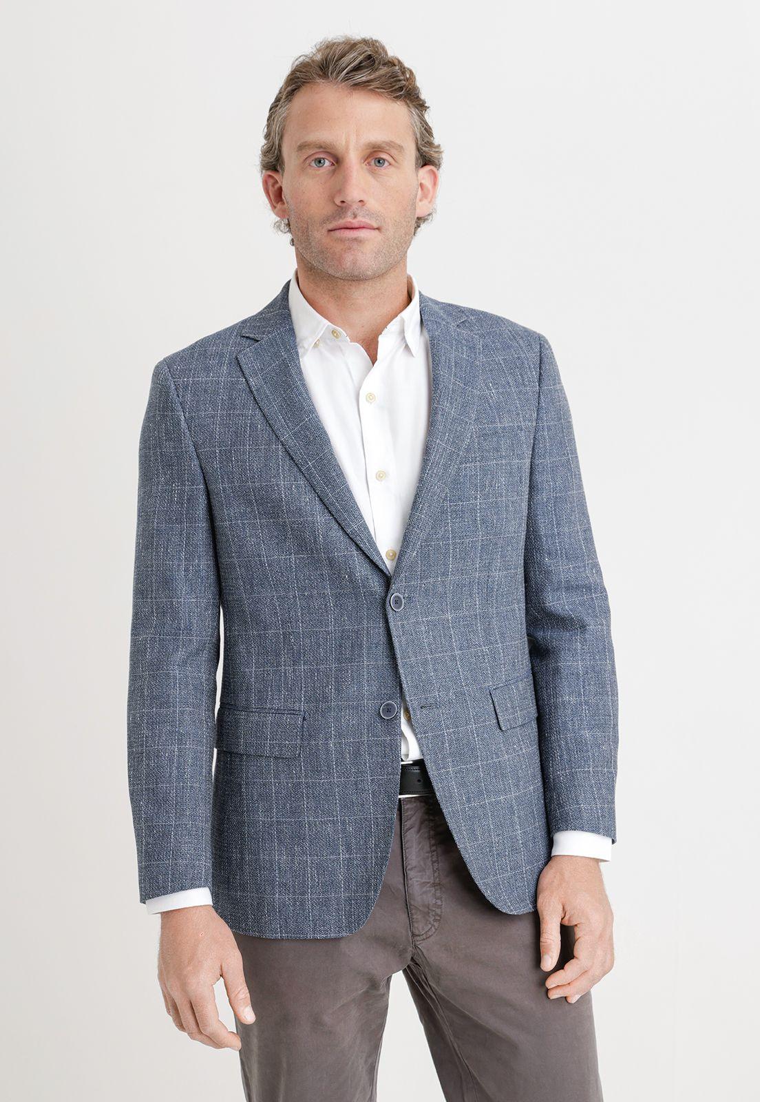 Chaqueta Hombre Mezcla Lana Lino Cuadros Slim Cosimo Azul-0