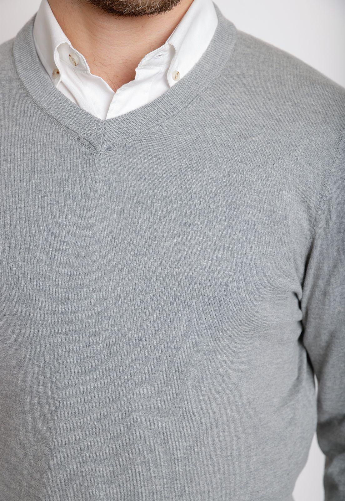 Sweater Formal Hombre Mezcla Algodón Seda Slim Cuello V Gris Melange-2