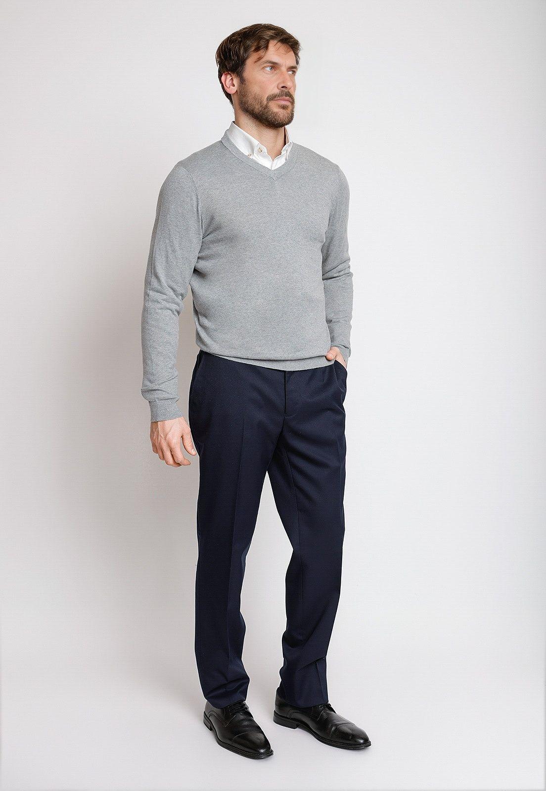 Sweater Formal Hombre Mezcla Algodón Seda Slim Cuello V Gris Melange-3