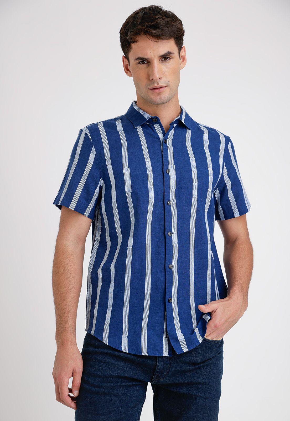 Camisa Hombre Manga Corta Lino Listada Azul-0