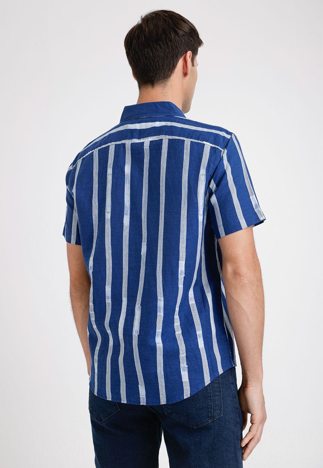 Camisa Hombre Manga Corta Lino Listada Azul-1