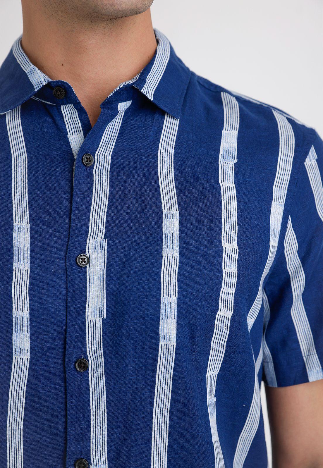 Camisa Hombre Manga Corta Lino Listada Azul-2