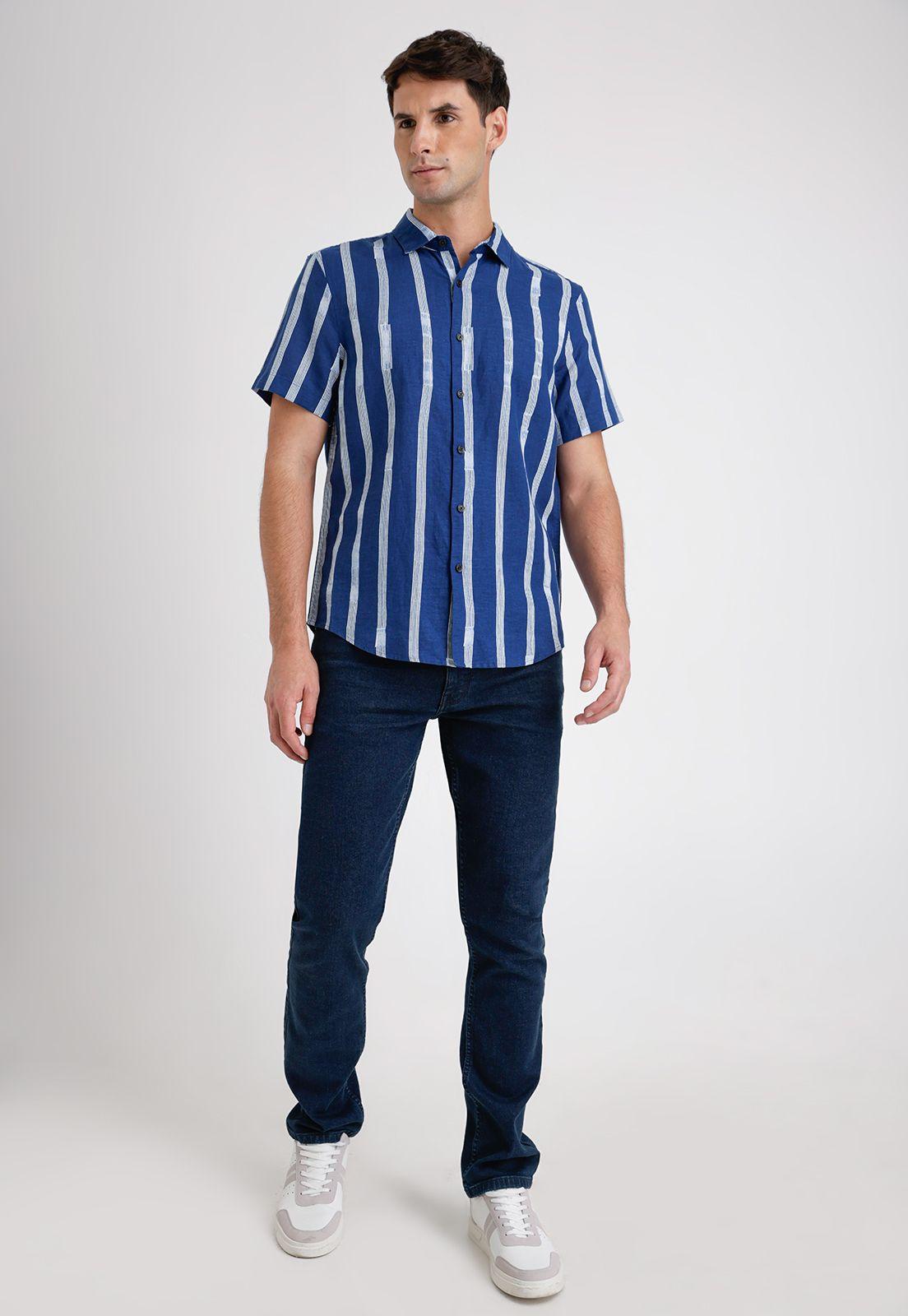 Camisa Hombre Manga Corta Lino Listada Azul-3