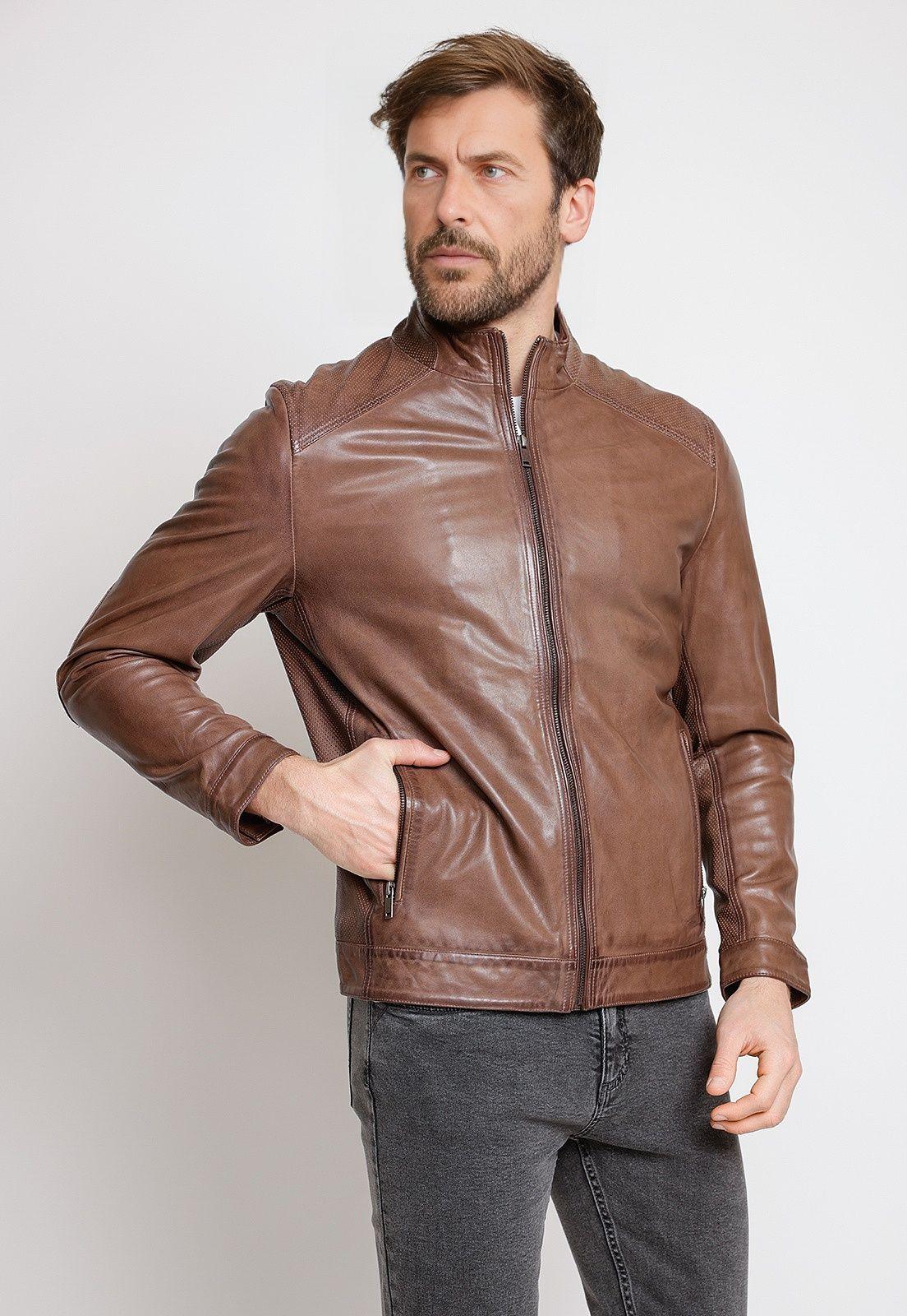 Chaqueta de cuero hombre café-0
