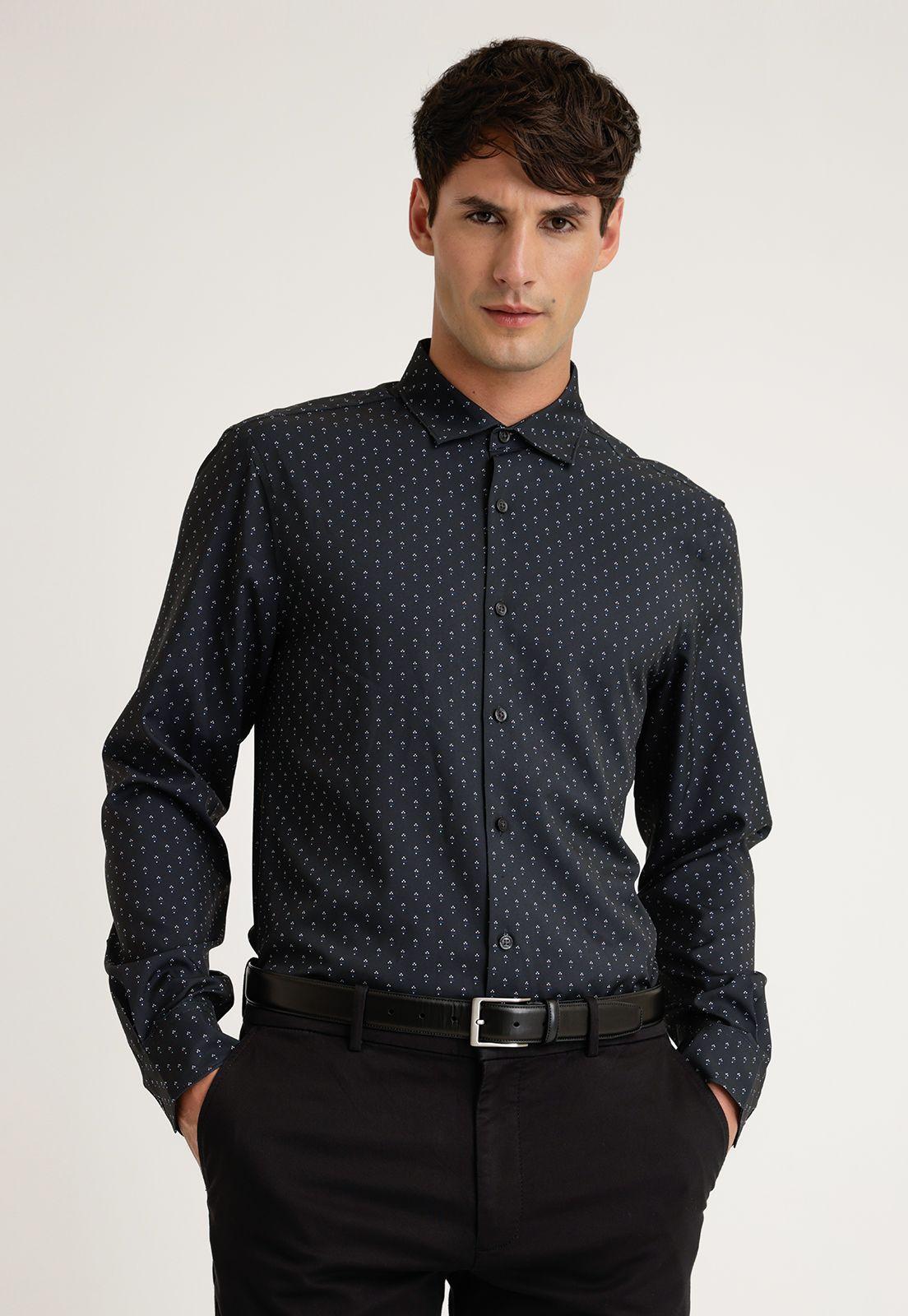 Camisa Hombre Manga Larga Stretch Estampada Negro-0