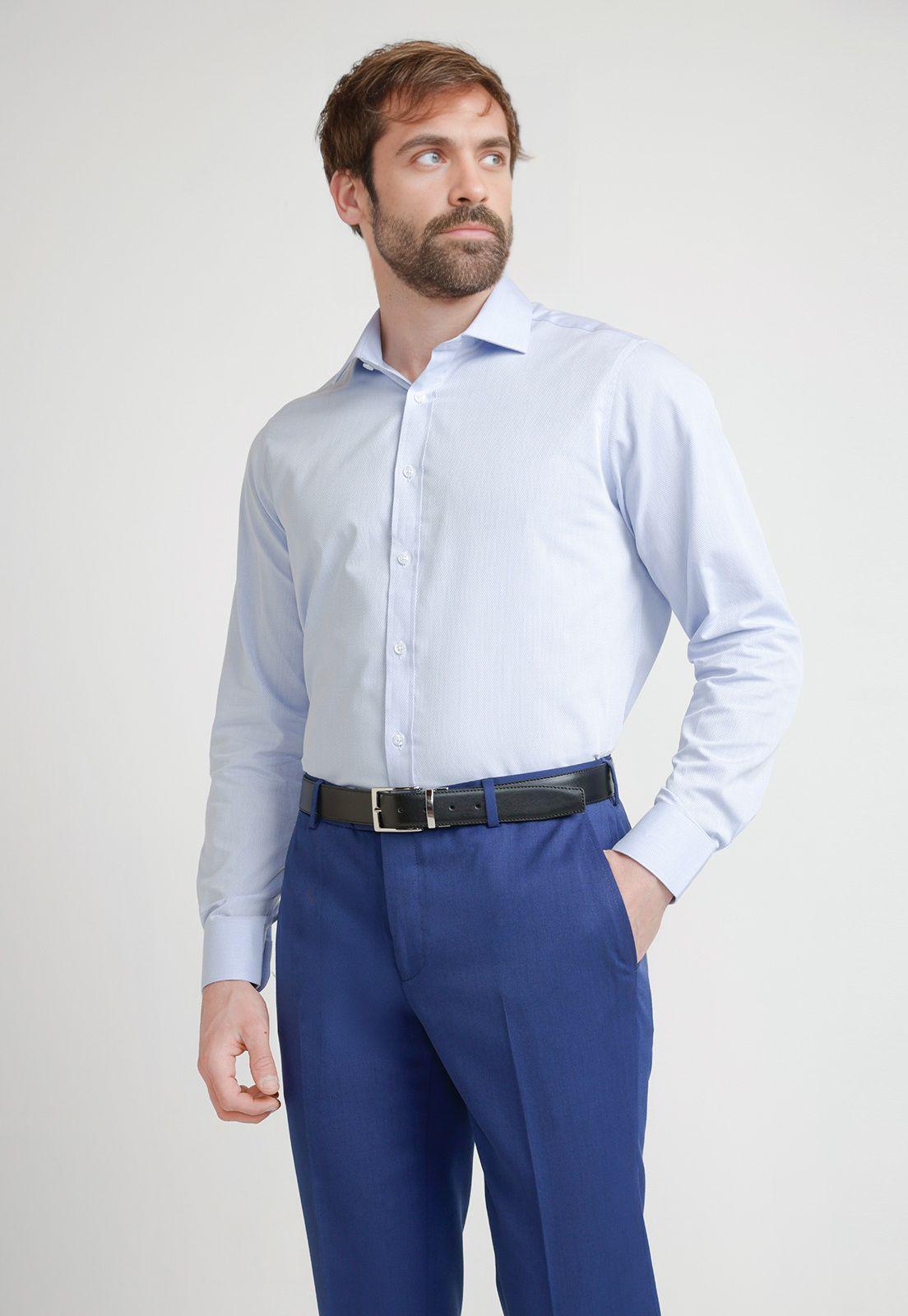 Camisa Formal Hombre Mezcla Algodón Slim Executive Azul-0