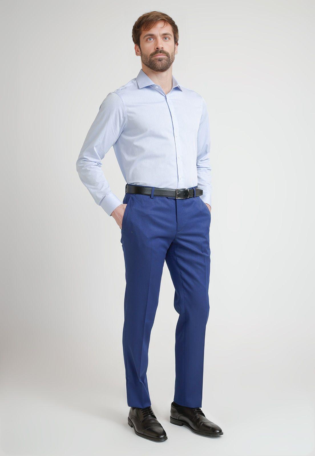 Camisa Formal Hombre Mezcla Algodón Slim Executive Azul-3
