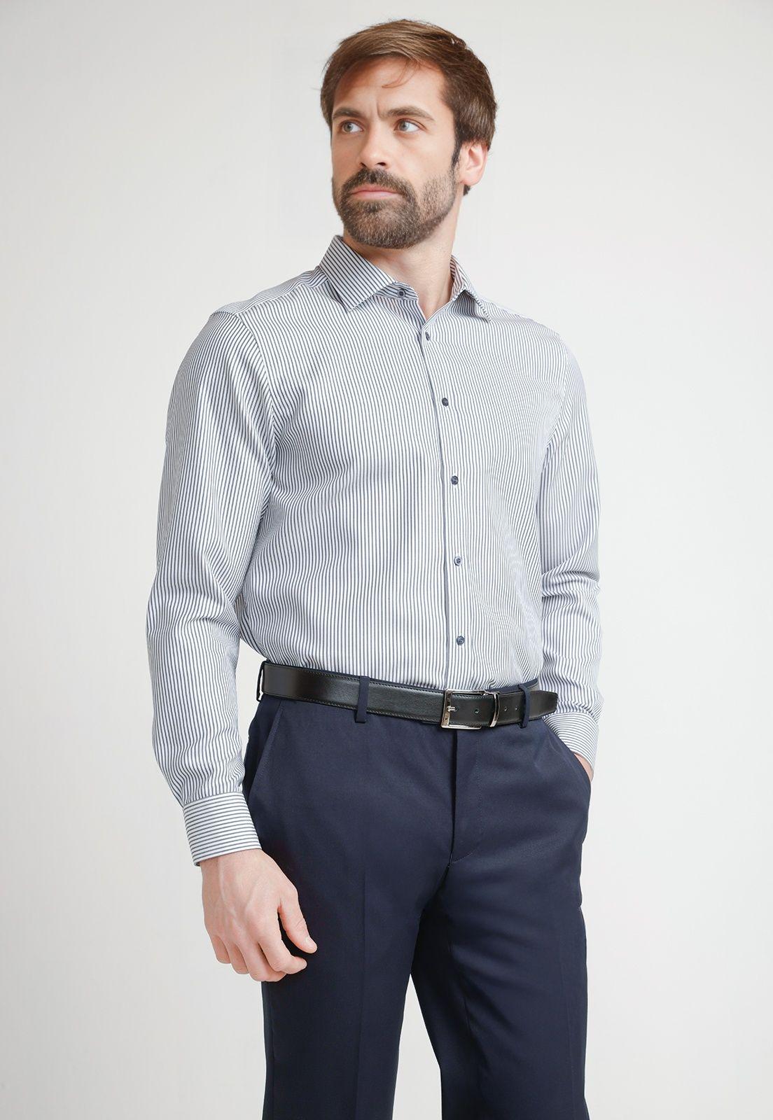 Camisa Formal Hombre Non Iron Líneas Slim Travel Azul Marino-0