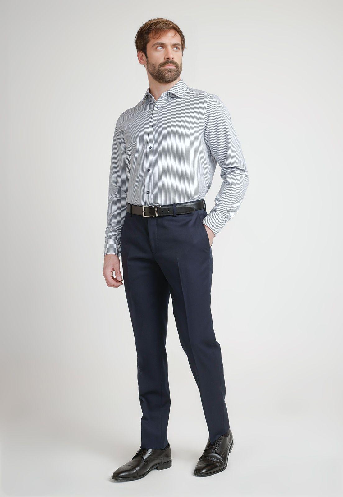 Camisa Formal Hombre Non Iron Líneas Slim Travel Azul Marino-3