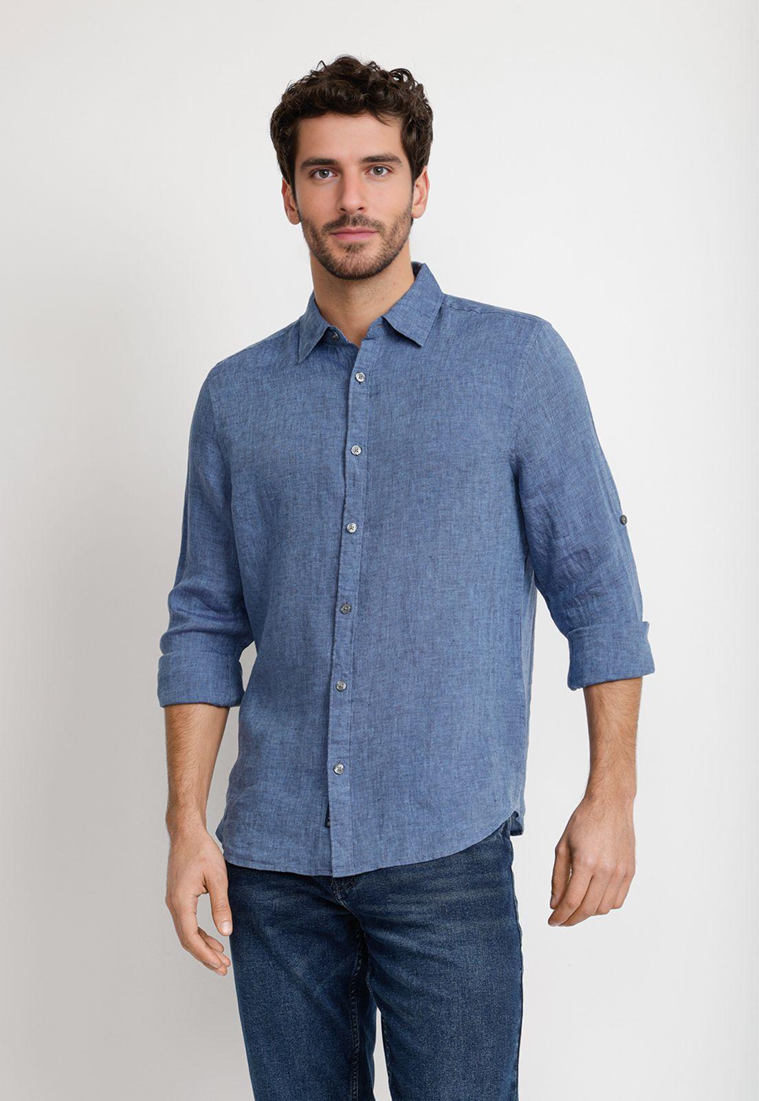 Camisa Lino Lisa Azul-0