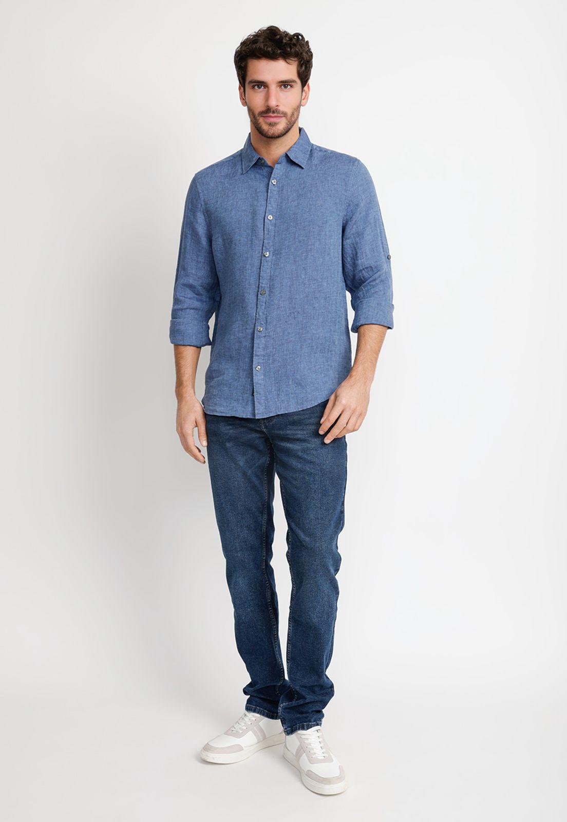 Camisa Lino Lisa Azul-3