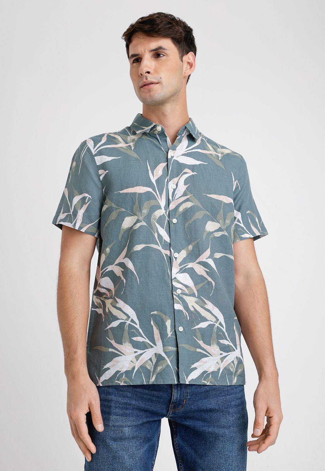 Camisa Hombre Manga Corta Lino Estampada Verde-0