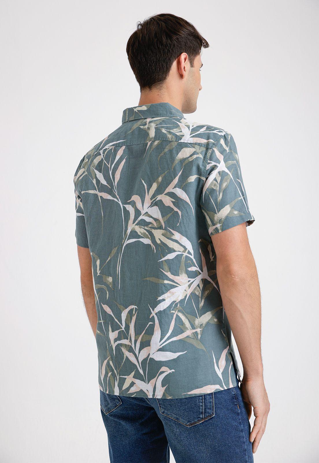 Camisa Hombre Manga Corta Lino Estampada Verde-1