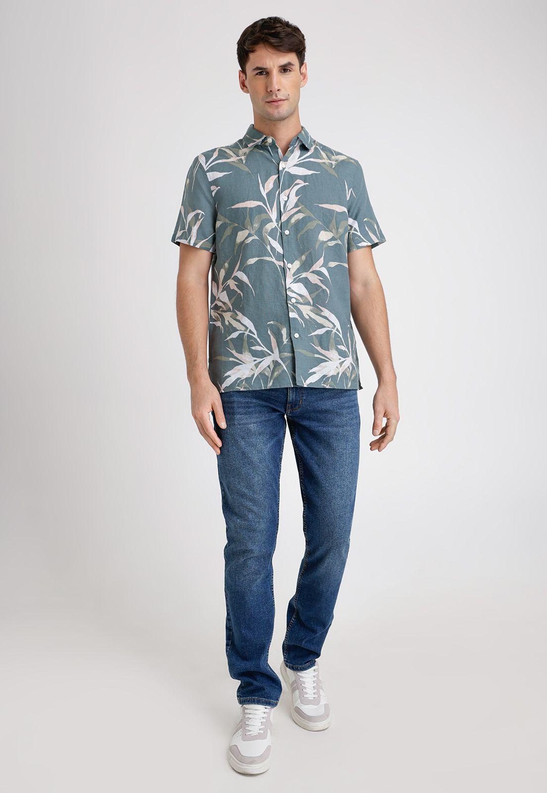 Camisa Hombre Manga Corta Lino Estampada Verde-3