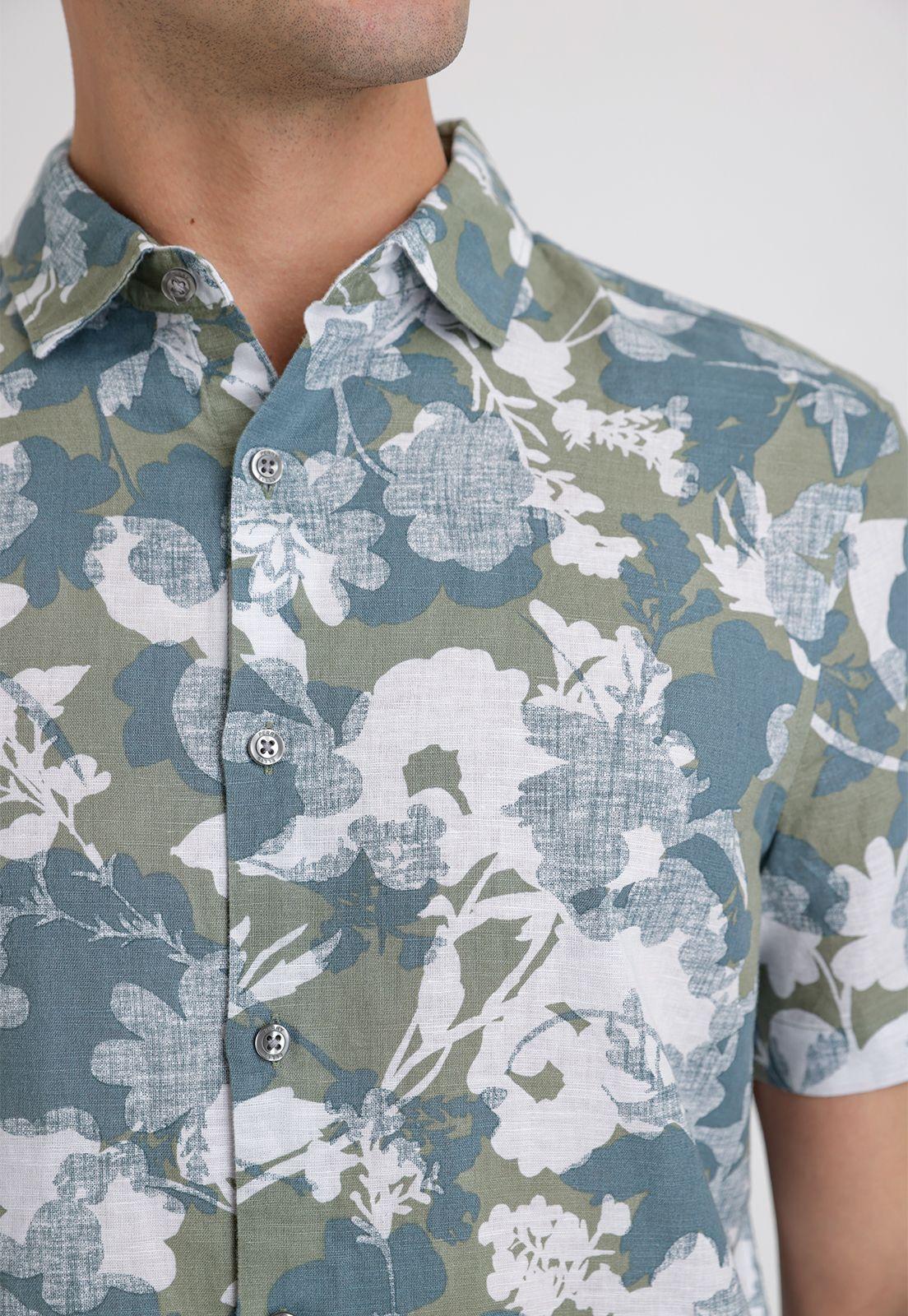 Camisa Hombre Manga Corta Lino Estampada Verde-2