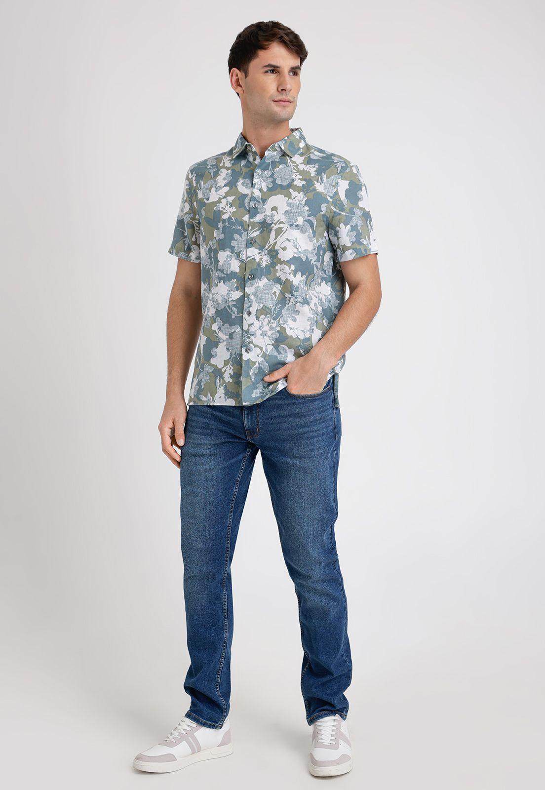 Camisa Hombre Manga Corta Lino Estampada Verde-3