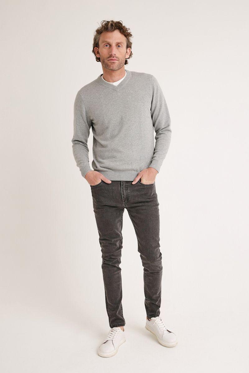 Sweater Hombre Algodón Cuello V Slim Parrot Gris Melange-3