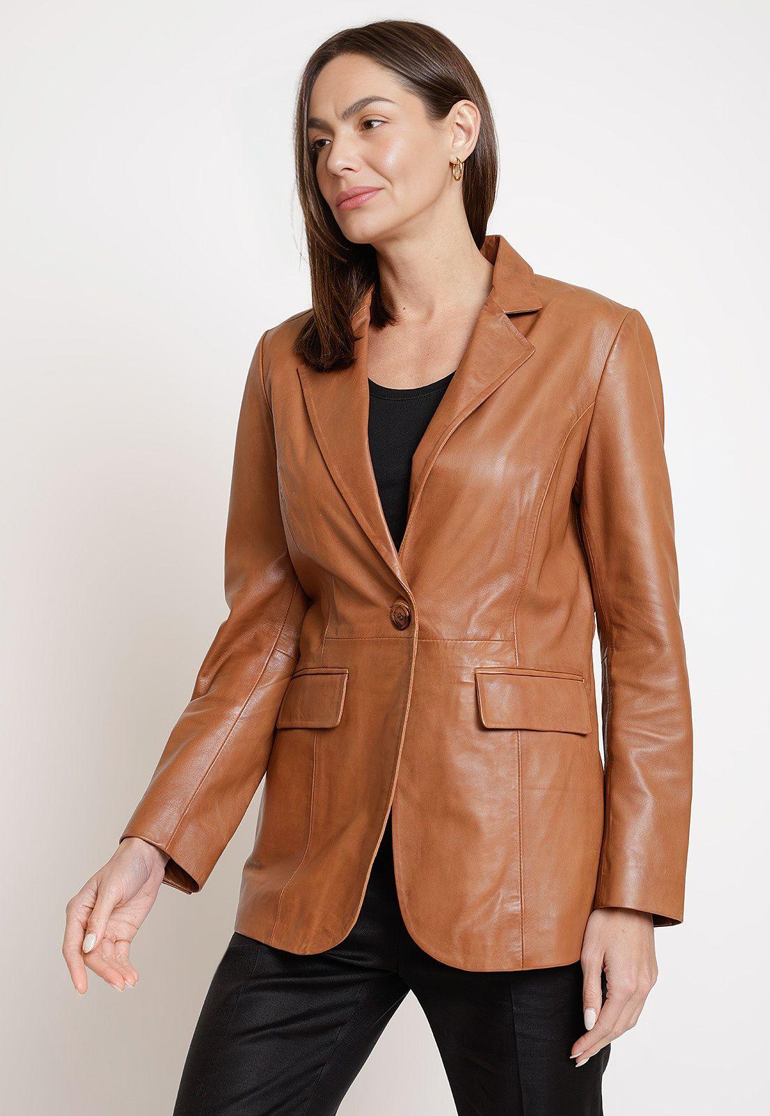 Chaqueta De Cuero De Mujer Modelo Zenda Color Camel-0