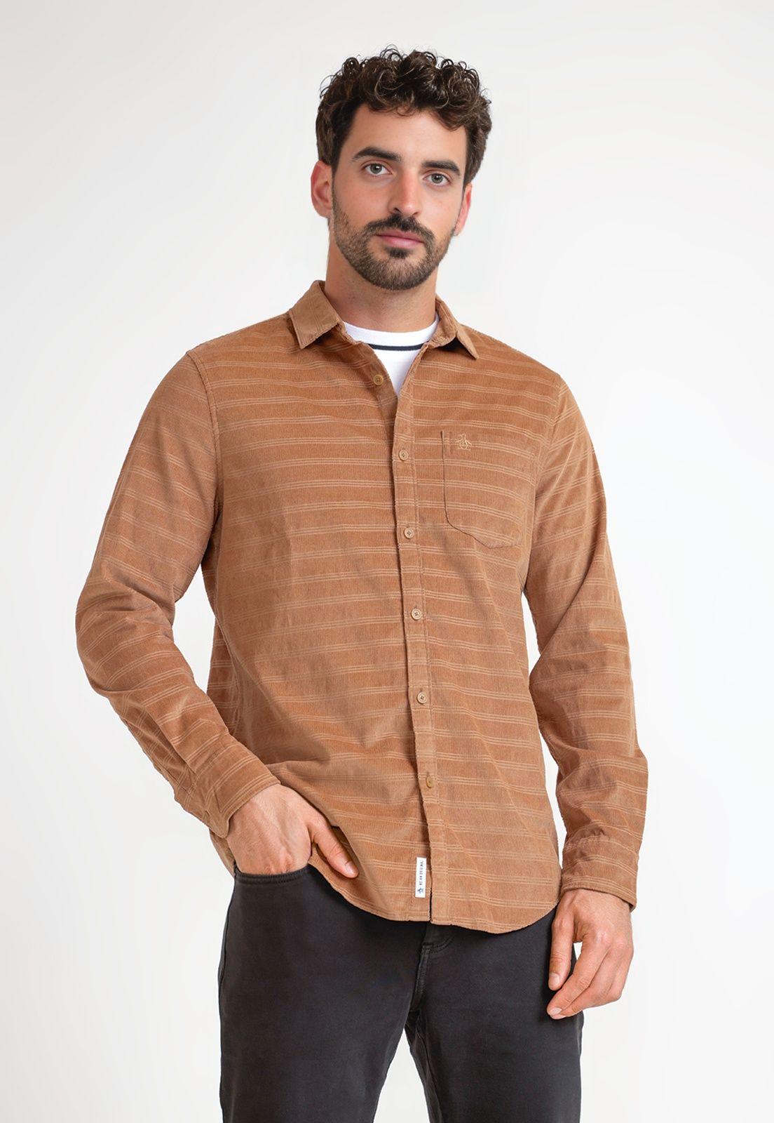 Camisa Hombre De Cotele Manga Larga Camel-0