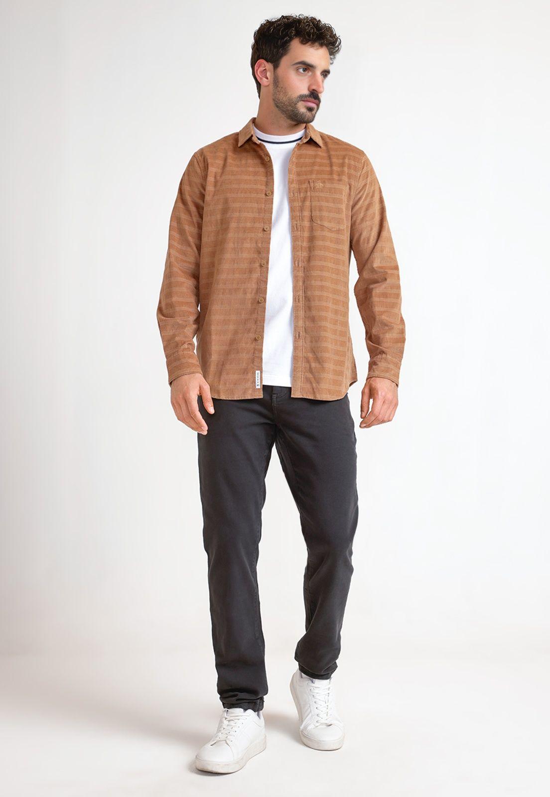 Camisa Hombre De Cotele Manga Larga Camel-3