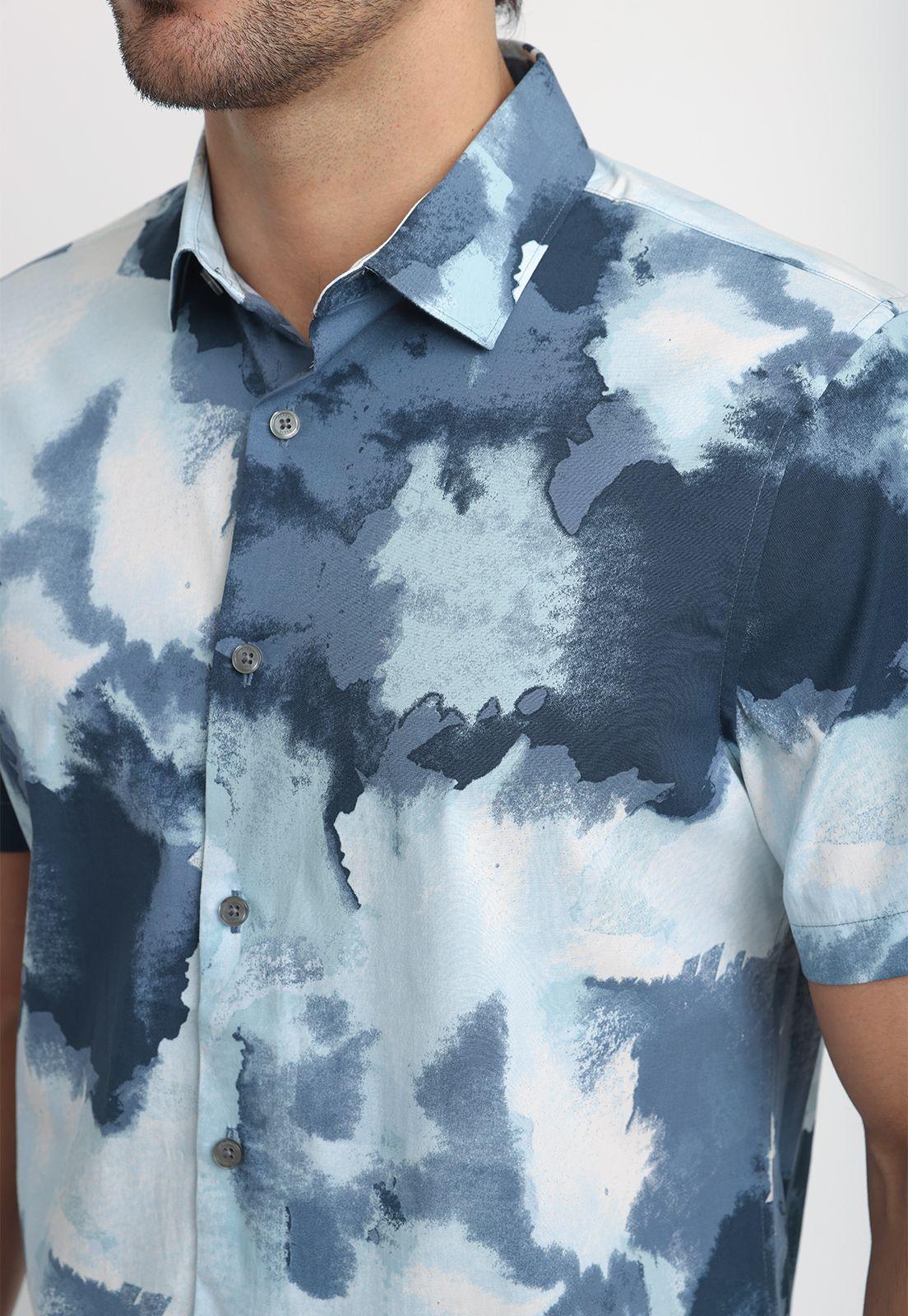 Camisa Hombre Manga Corta Estampada Azul 4KMW7002-2