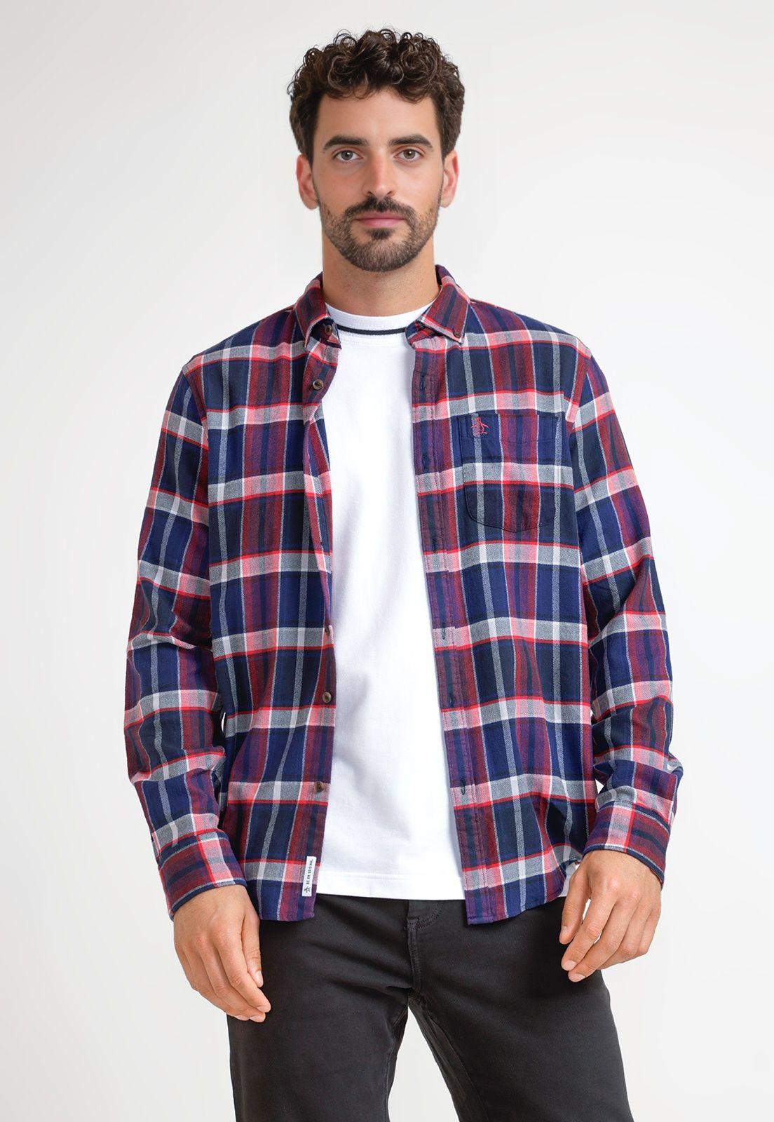 Camisa Hombre A Cuadros De Franela Azul Marino-0