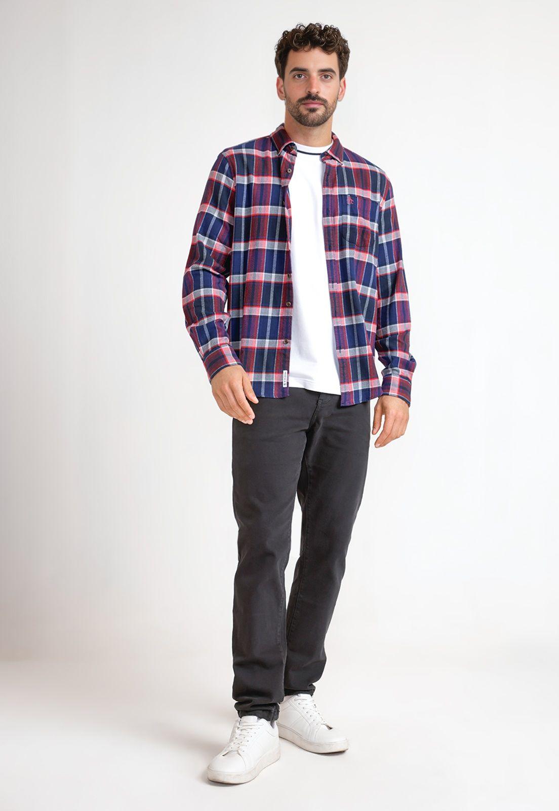 Camisa Hombre A Cuadros De Franela Azul Marino-3