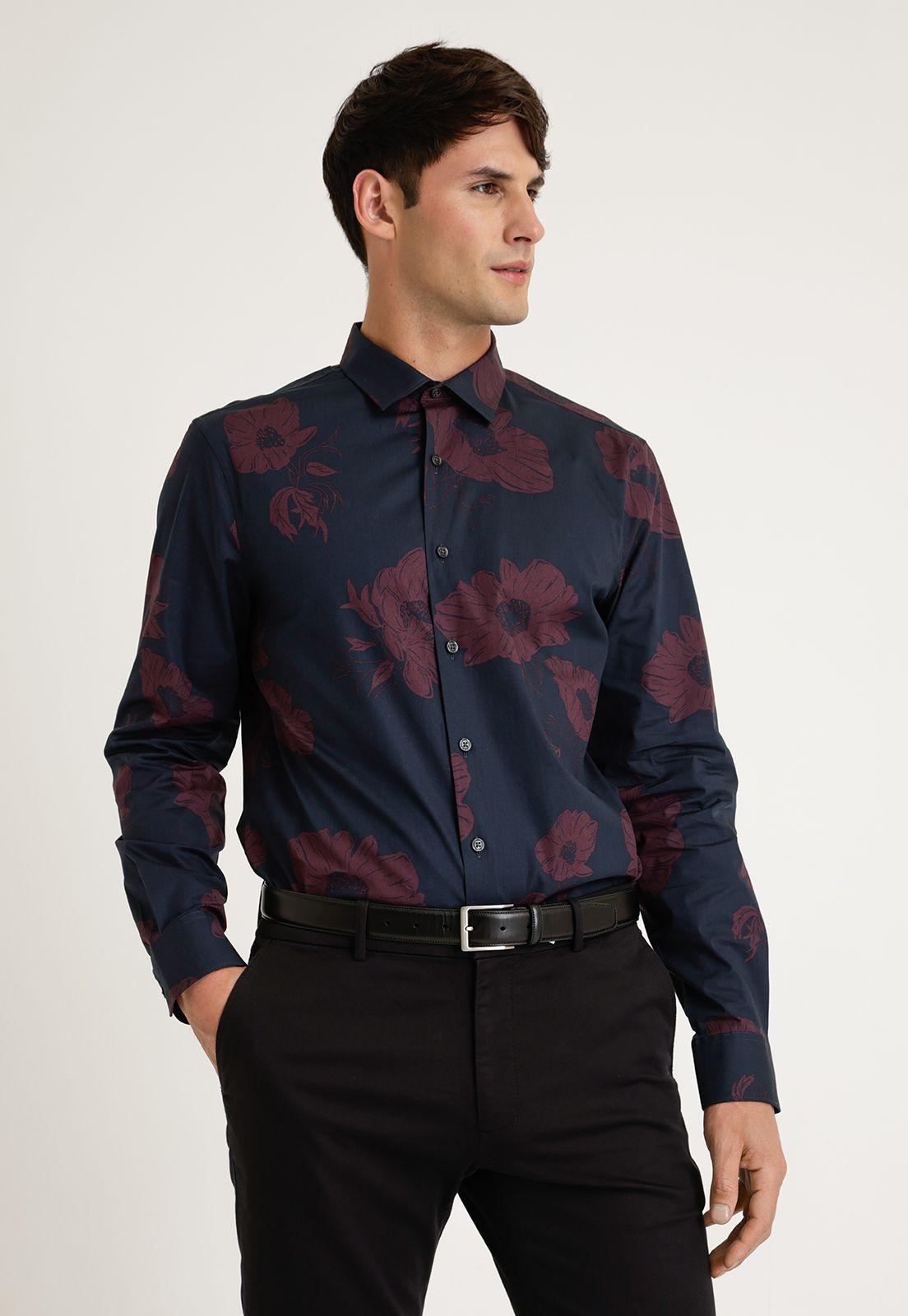 Camisa Hombre Manga Larga Stretch Estampada Burdeo-0