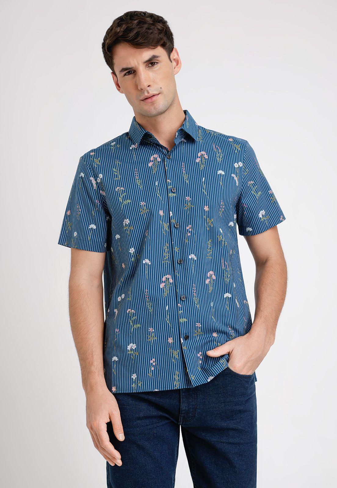Camisa Hombre Manga Corta Stretch Estampada Azul-0