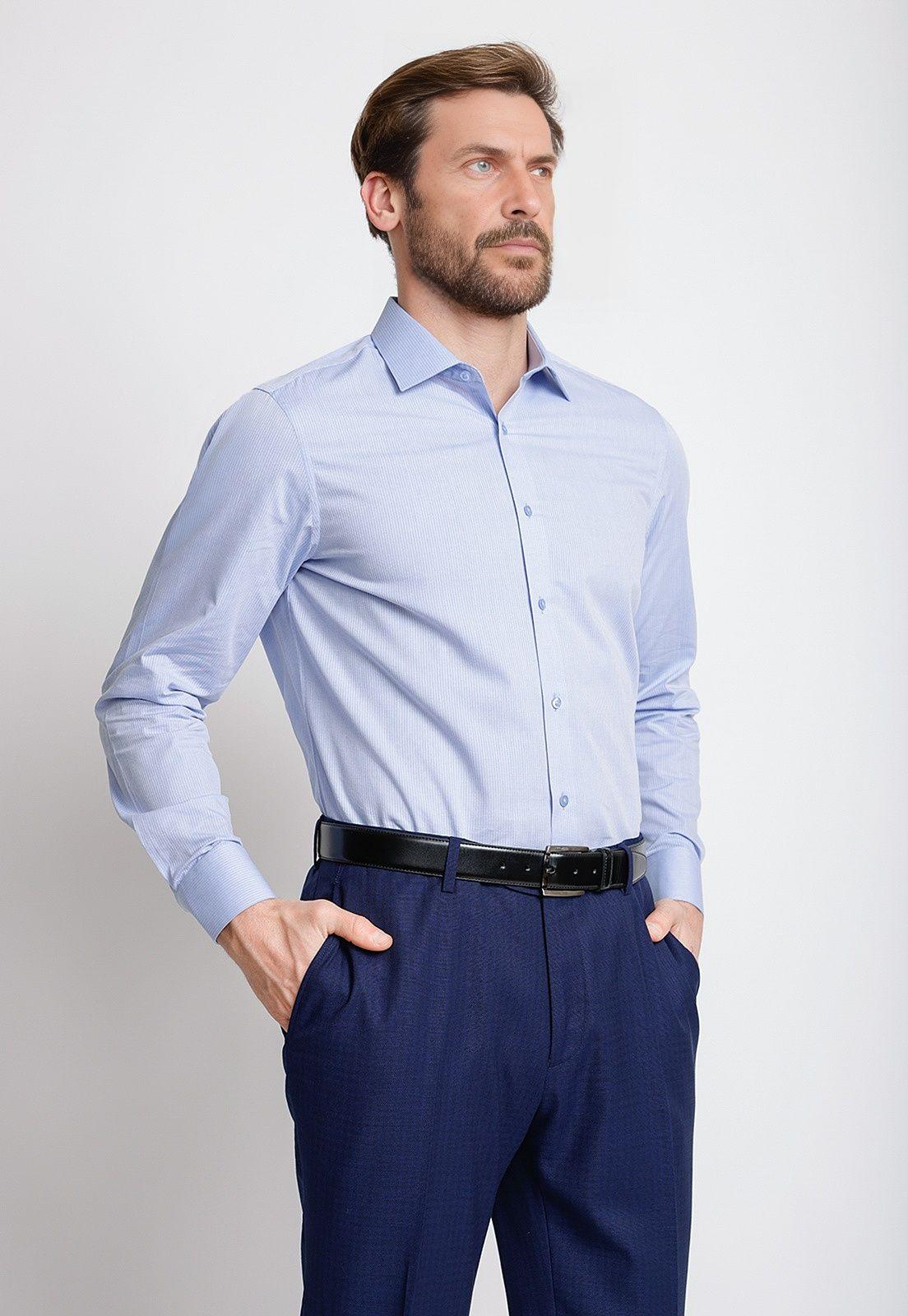 Camisa Formal Hombre Mezcla Algodón Lisa Slim Aniversario Celeste-0