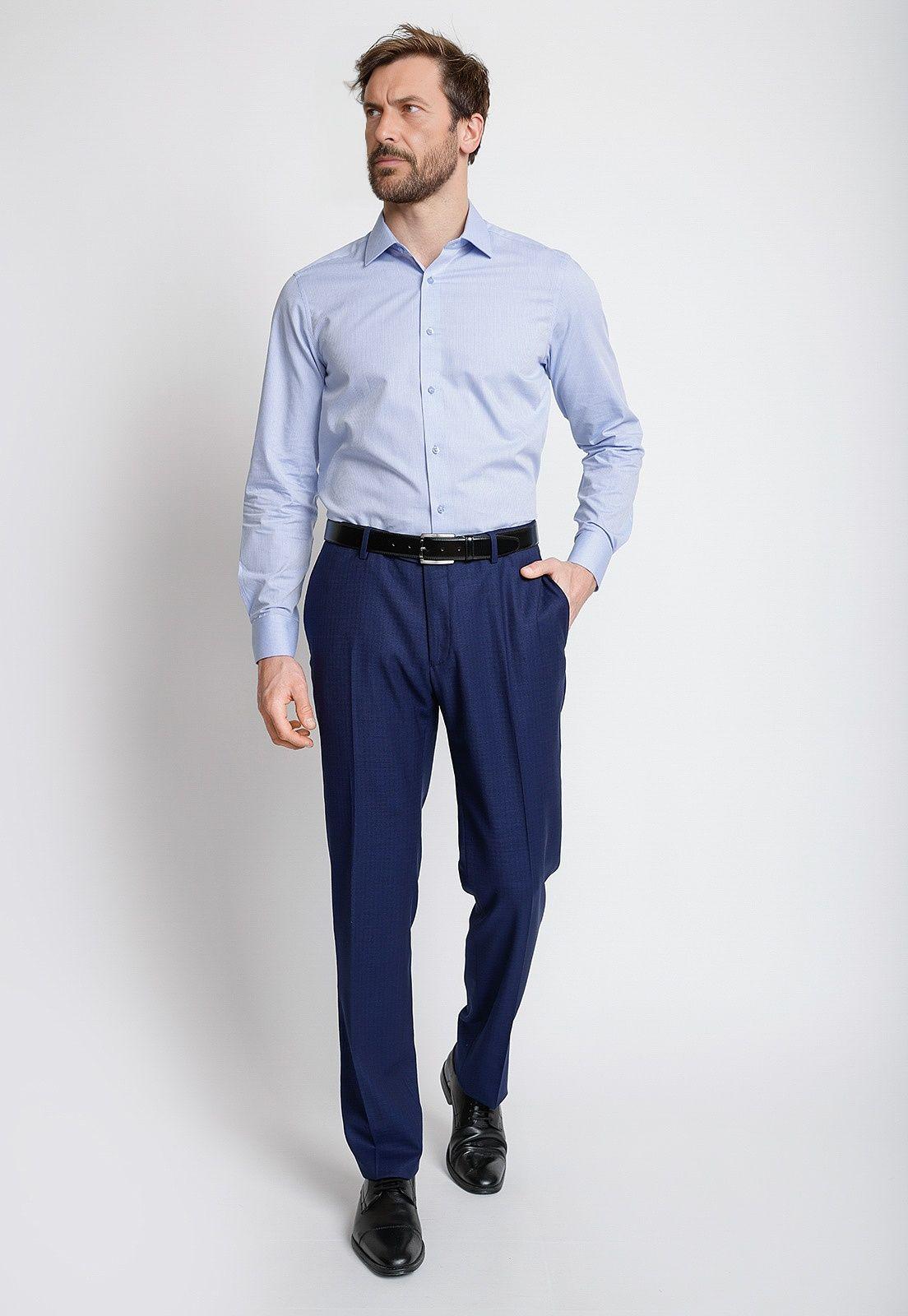Camisa Formal Hombre Mezcla Algodón Lisa Slim Aniversario Celeste-3