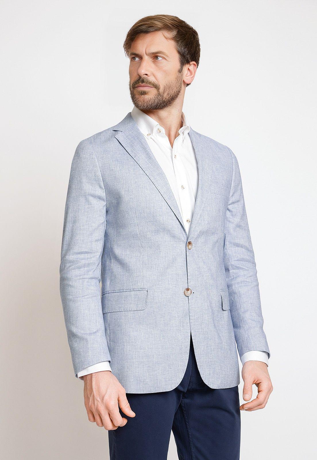 Chaqueta Hombre Mezcla Algodón Lino Microdiseño Slim Pegas Celeste-0