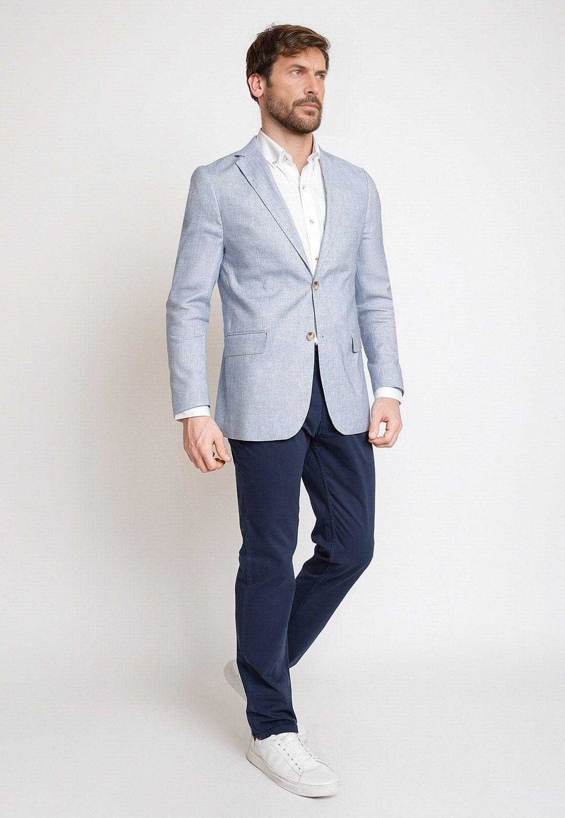 Chaqueta Hombre Mezcla Algodón Lino Microdiseño Slim Pegas Celeste-3