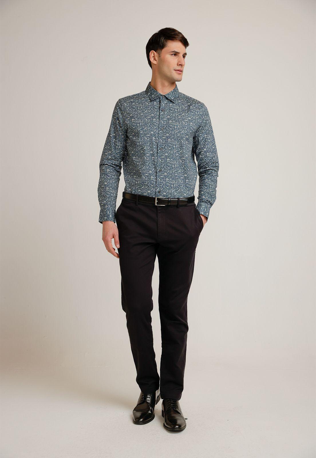 Camisa Hombre Manga Larga Stretch Estampada Gris Oscuro-3