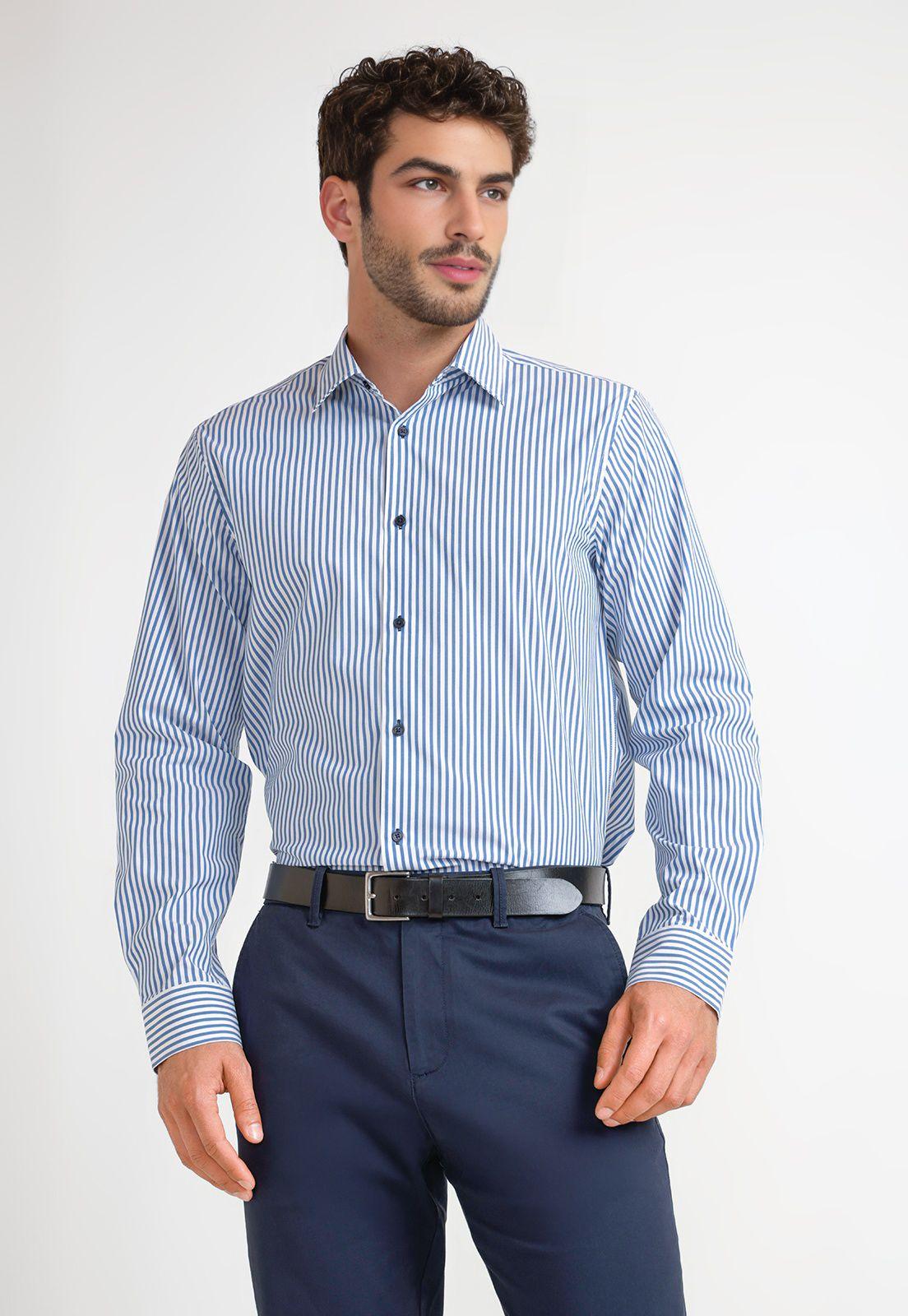 Camisa Formal Hombre Tela Rayada Celeste-0