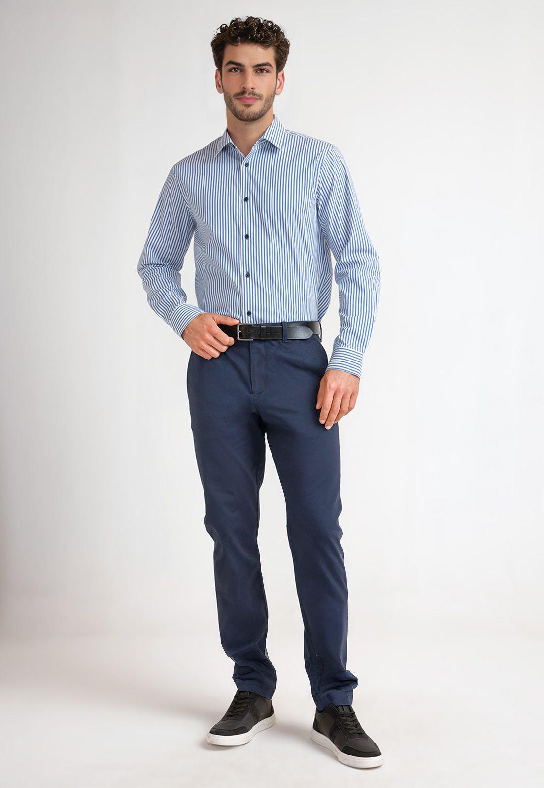 Camisa Formal Hombre Tela Rayada Celeste-3