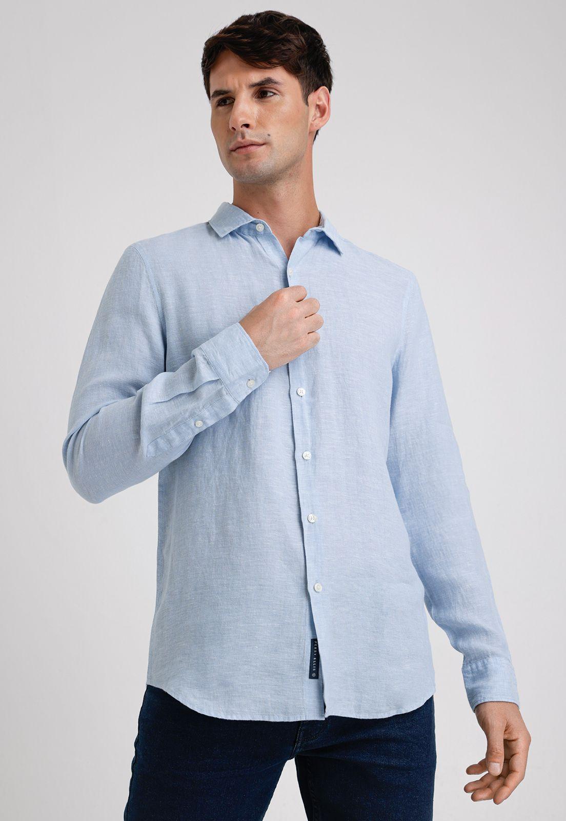 Camisa Hombre Manga Larga Lino Lisa Celeste-0